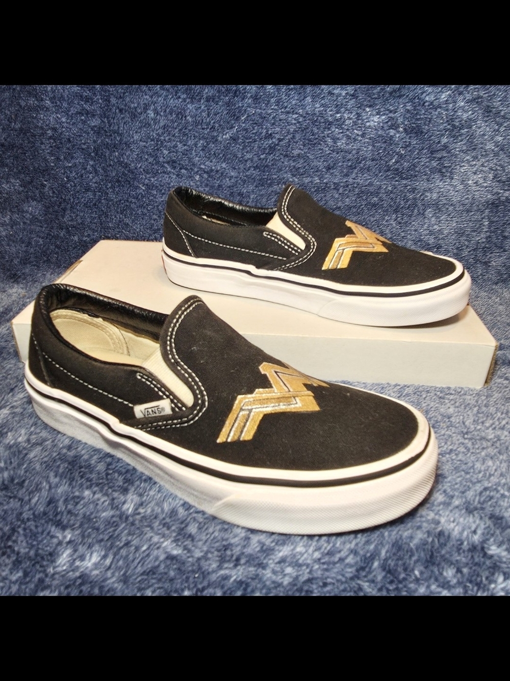 Custom Wonder Woman Hand-Painted Vans Classic Slip-On Sneakers - Black & Gold